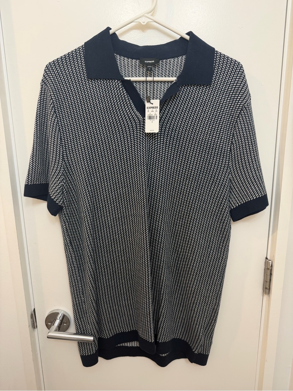 Express Men’s Navy and White Knit Polo